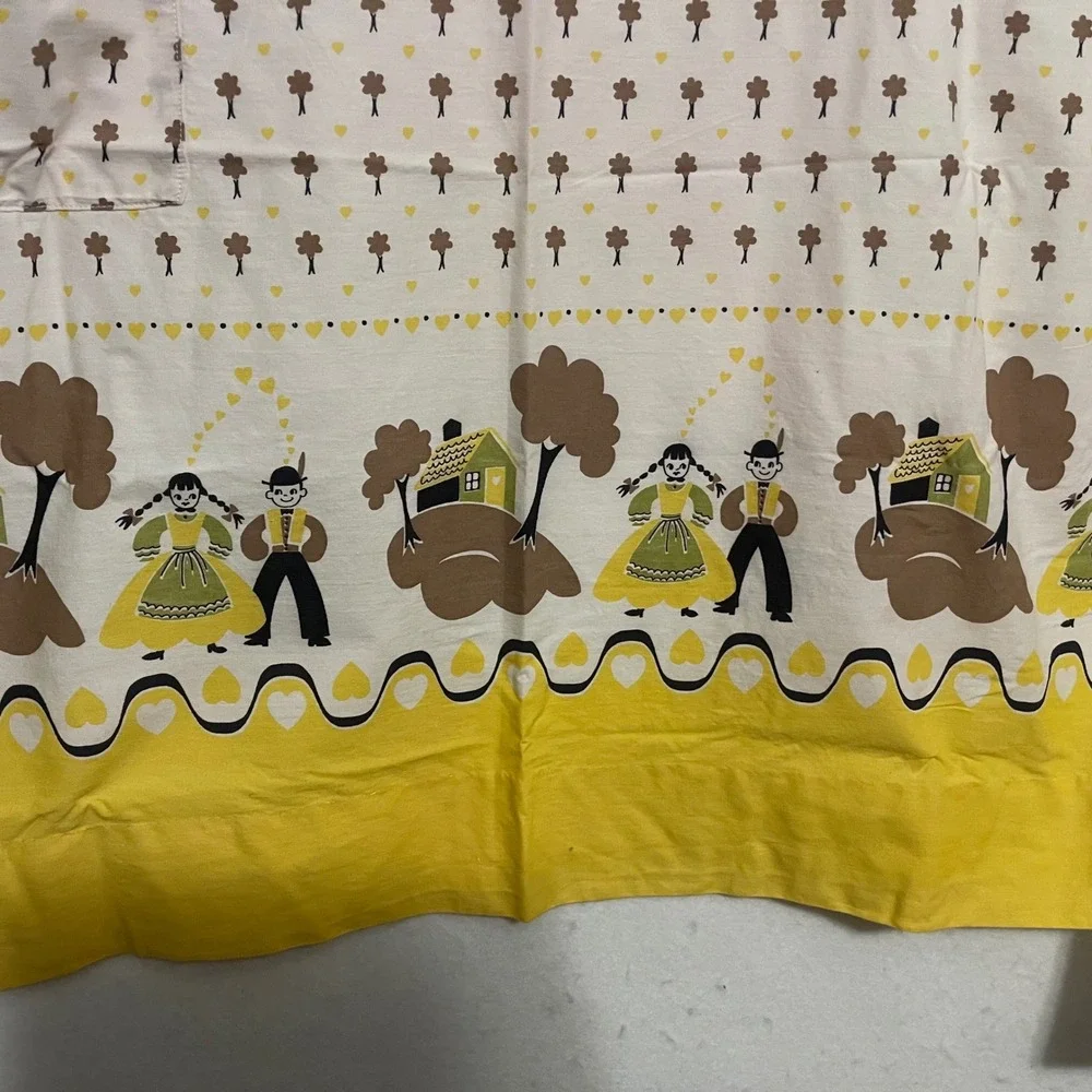 Vintage Dutch Folk Art Half Apron Yellow Brown Cottages Figures One Pocket Retro
